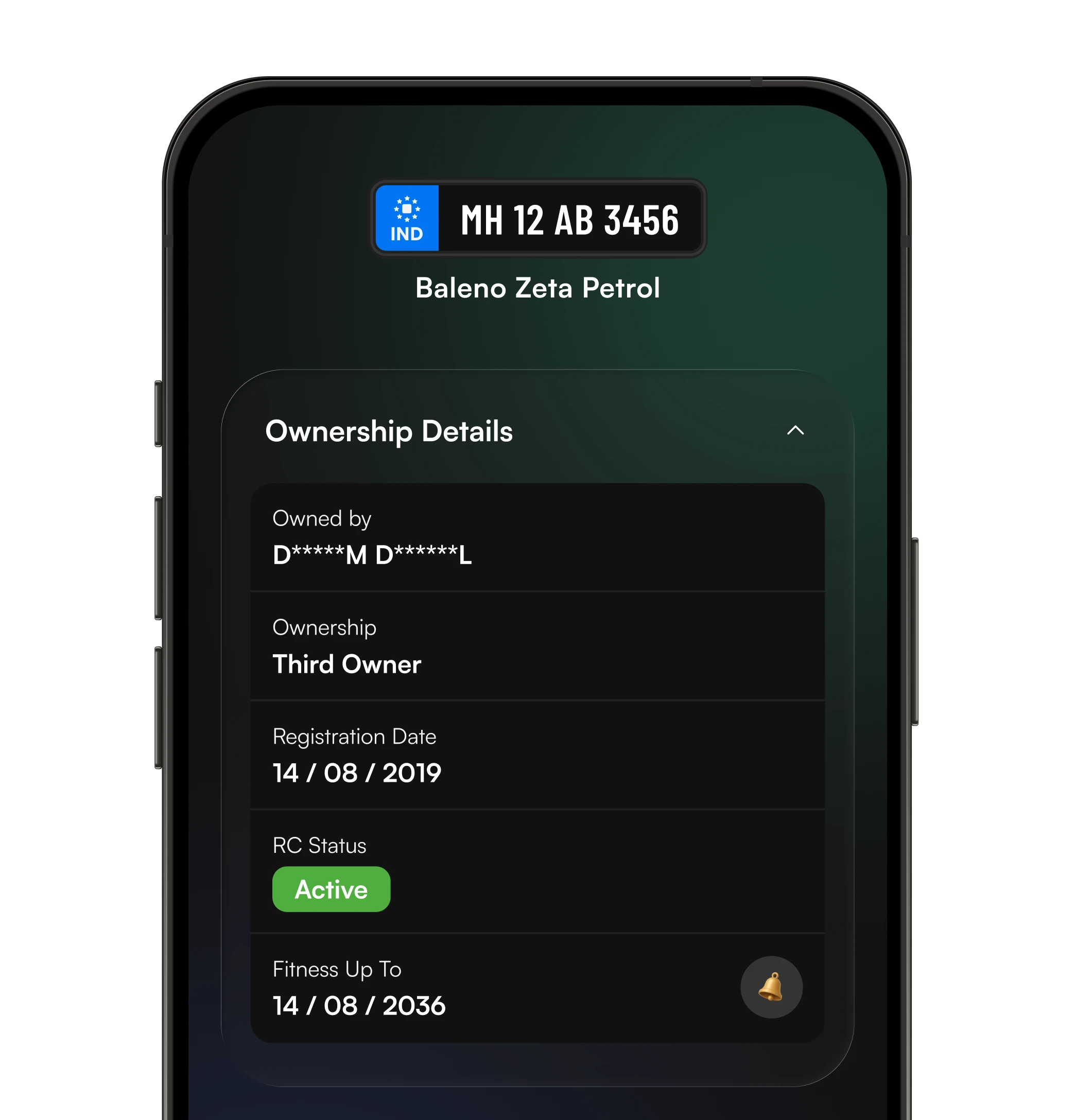 Vehicle ownership details on a mobile phone